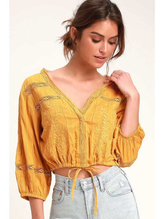 Free People Tops - Free People Follow Your Heart Embroidered Crop Top in Gold Medium